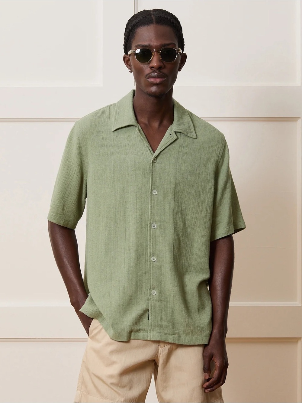 Todd Snyder Green Relaxed Basketweave Camp Collar Shirt Size XL Classic Preppy